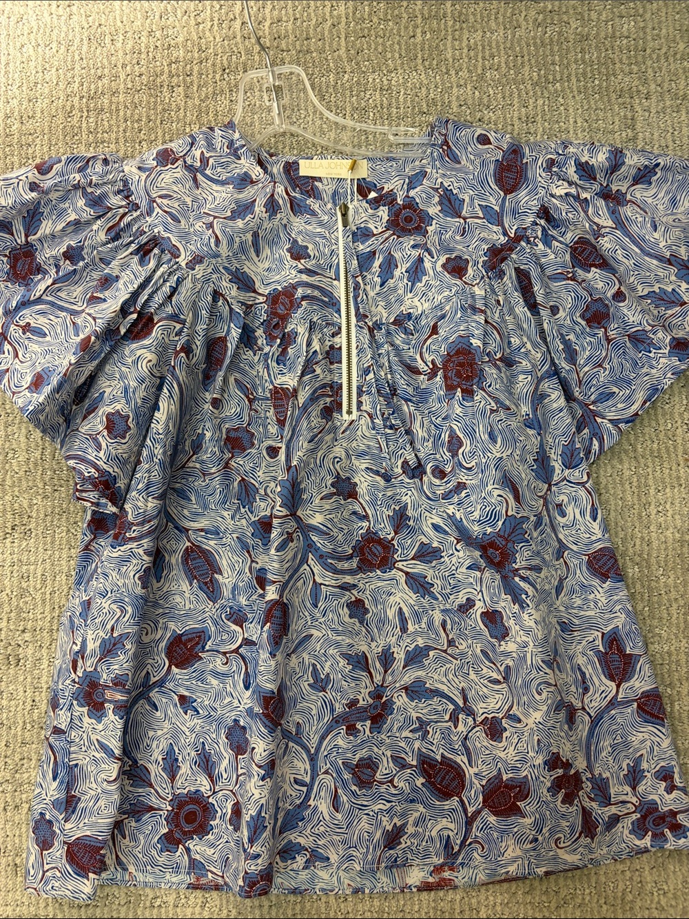 Ulla Johnson Blue and Red Floral Print Cotton Blouse